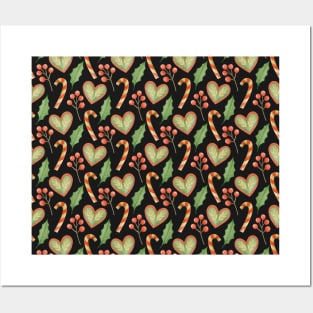 Cute Christmas Pattern Hearts, Candy Canes, Holly, Berries Posters and Art